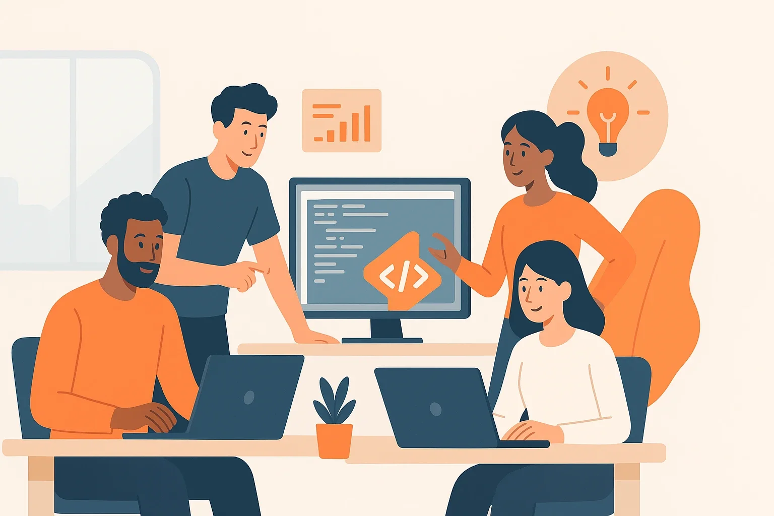 Time colaborando em um escritório moderno